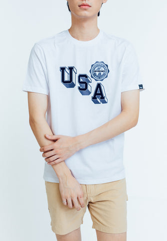 White Premium Basic Round Neck Classic Fit Tee with Flocking and Flat Print Tee