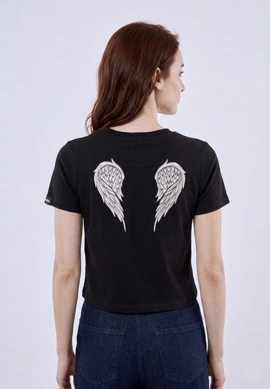 Mossimo Arianne Black Classic Cropped Fit Tee For Women w/ Back Print