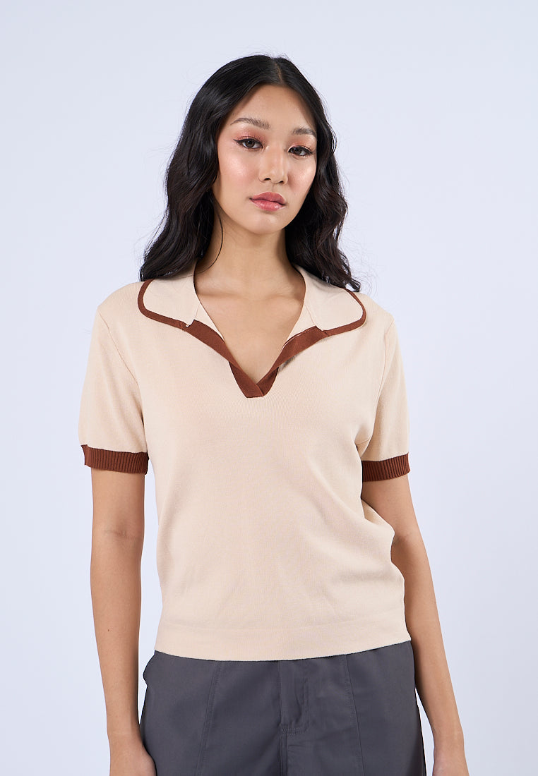 Mossimo Mitsy Off White Brown Polo Knitted Top