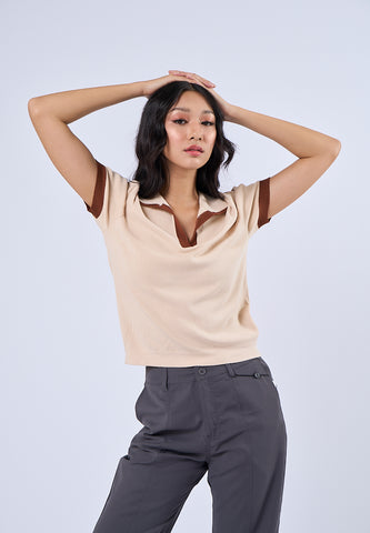 Mossimo Mitsy Off White Brown Polo Knitted Top