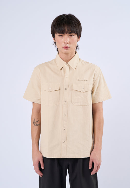 Mossimo Cedric Beige Woven Short Sleeves Modern Fit Fashion Top
