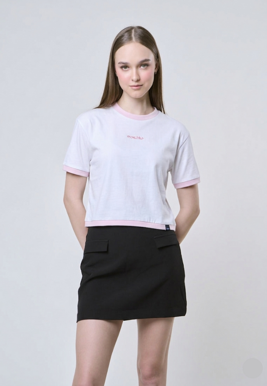 Mossimo Katya White Boxy Ringer Modern Crop Fit Tee