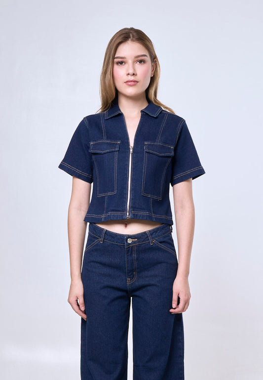 Mossimo Freyja Med Blue Classic Cropped Denim Top