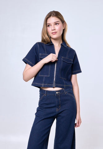 Mossimo Freyja Med Blue Classic Cropped Denim Top