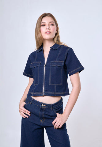 Mossimo Freyja Med Blue Classic Cropped Denim Top