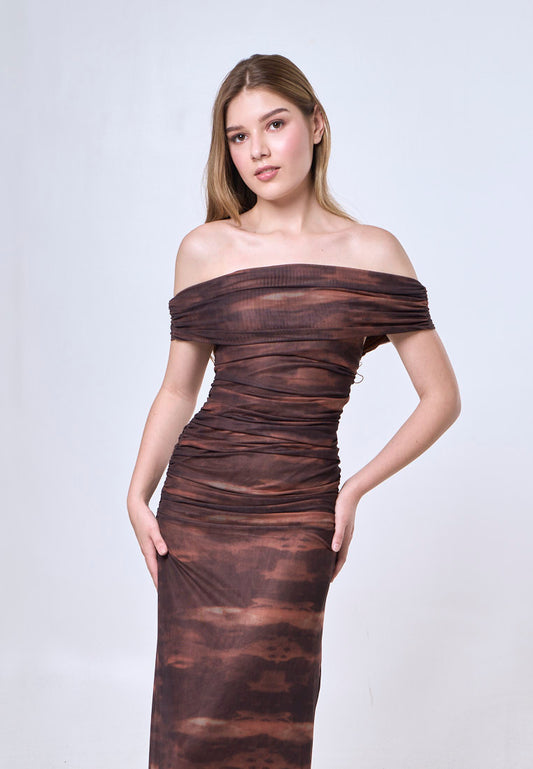 Mossimo Luna Brown Mesh Off Shoulder Maxi Dress For Women