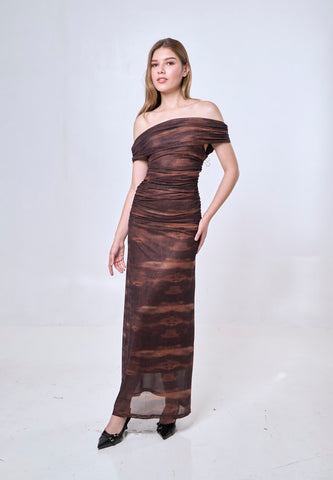 Mossimo Luna Brown Mesh Off Shoulder Maxi Dress For Women