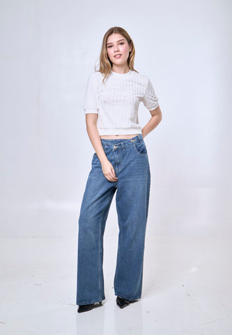 Mossimo Evelina Light Blue Straight Loose Mid Asymmetrical Jeans