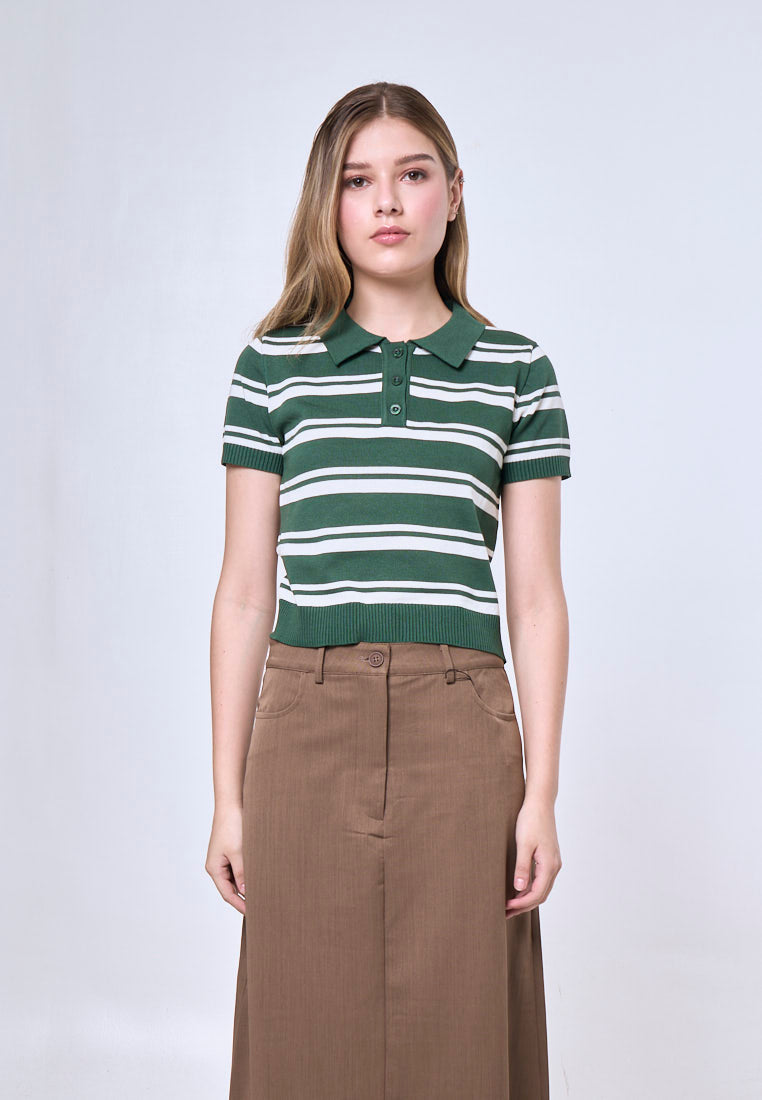 Mossimo Beatrix Green White Striped Collar Polo