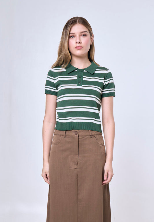 Mossimo Beatrix Green White Striped Collar Polo