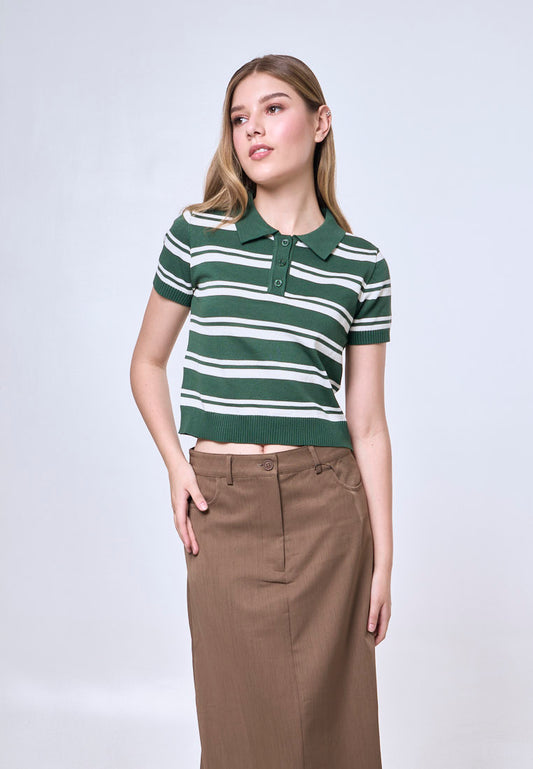 Mossimo Beatrix Green White Striped Collar Polo