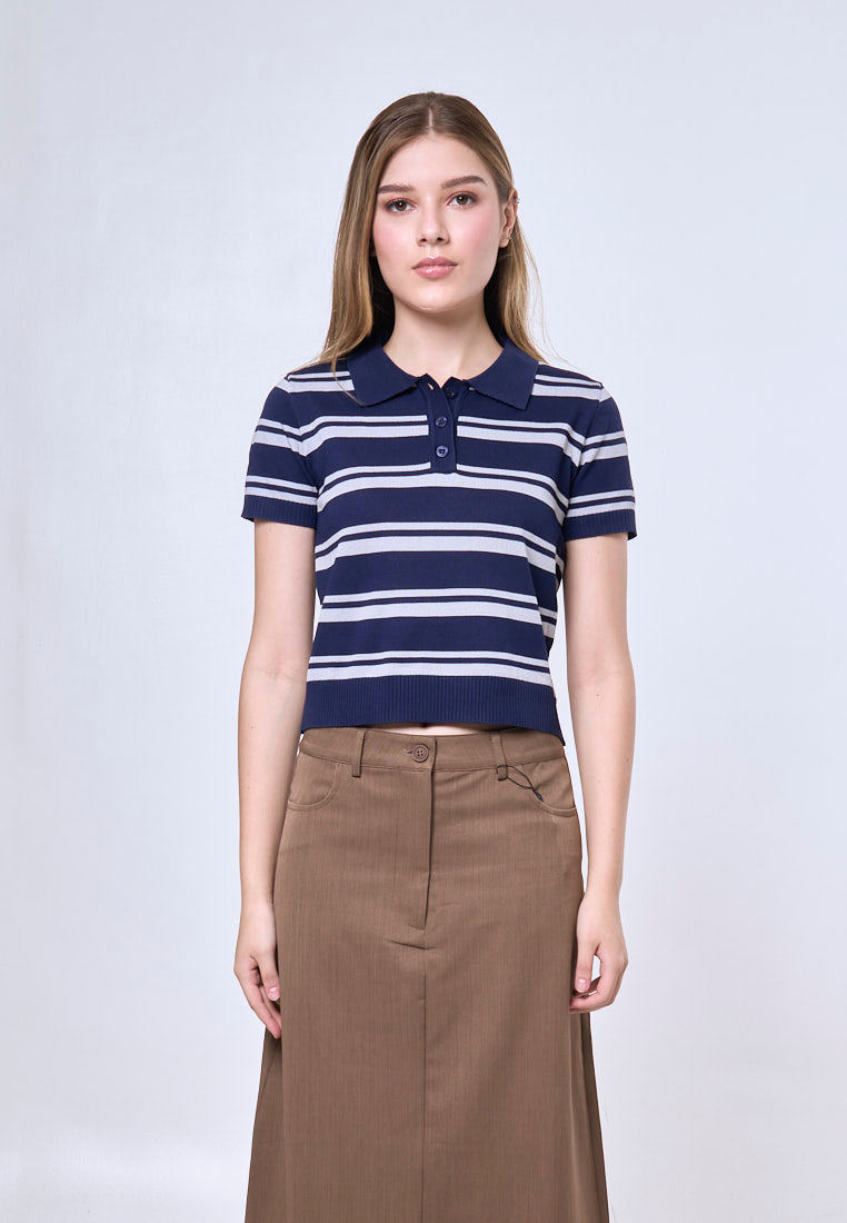 Mossimo Beatrix Navy White Striped Collar Polo