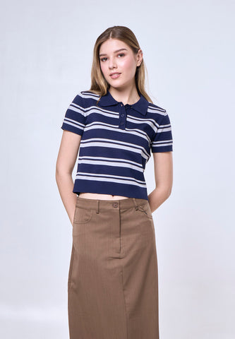 Mossimo Beatrix Navy White Striped Collar Polo
