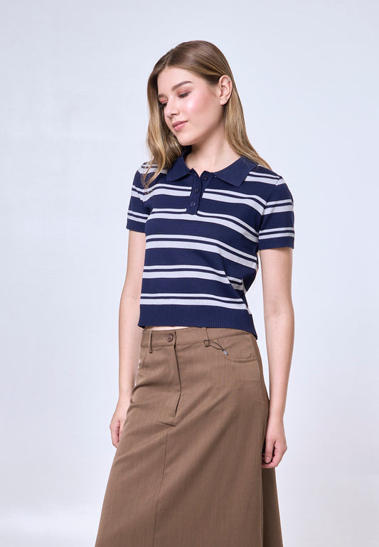 Mossimo Beatrix Navy White Striped Collar Polo