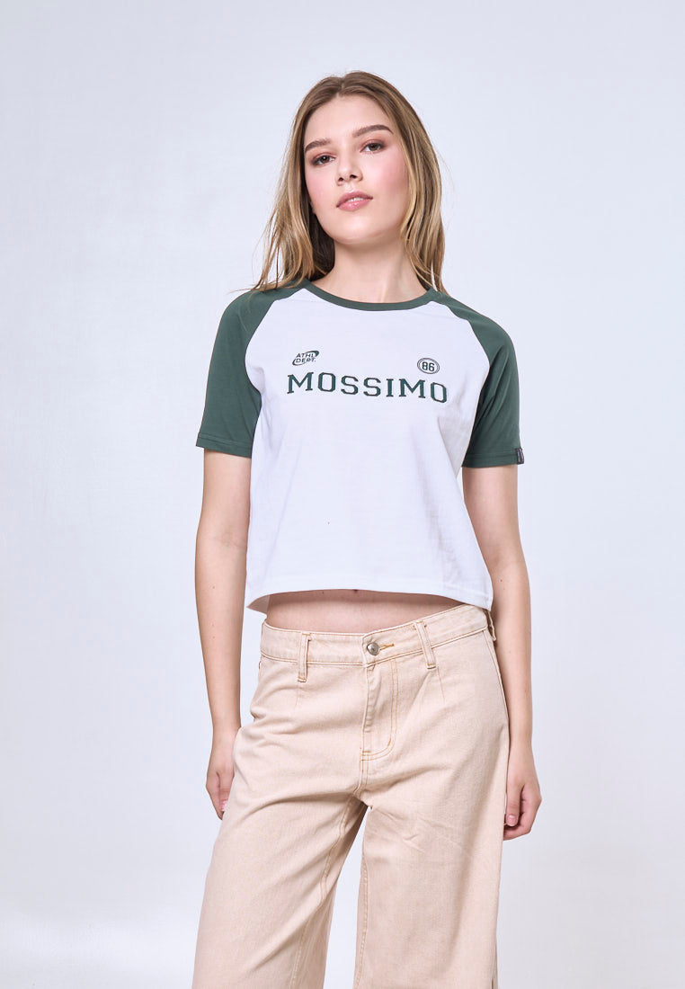 Mossimo Alara White Green Raglan Classic Cropped Fit Tee