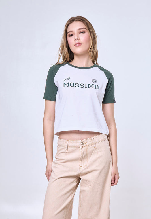 Mossimo Alara White Green Raglan Classic Cropped Fit Tee