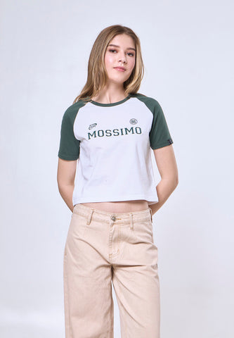 Mossimo Alara White Green Raglan Classic Cropped Fit Tee