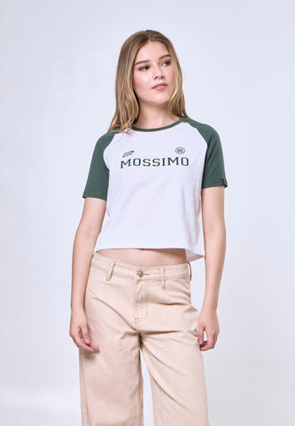Mossimo Alara White Green Raglan Classic Cropped Fit Tee