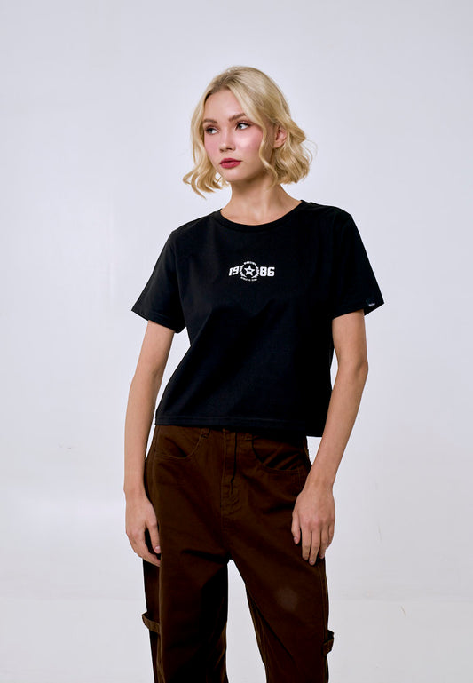 Mossimo Women's Black 1986 Logo Classic Cropped Fit Tee