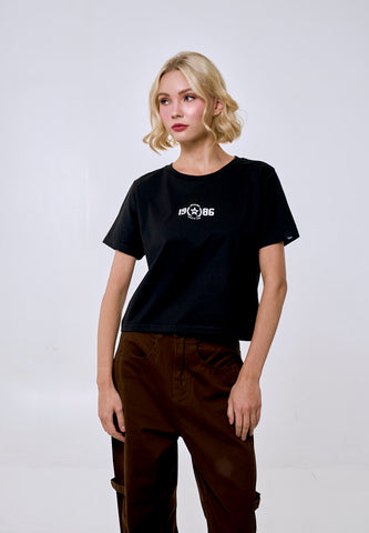 Mossimo Women's Black 1986 Logo Classic Cropped Fit Tee