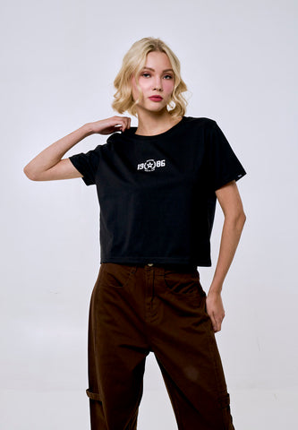 Mossimo Women's Black 1986 Logo Classic Cropped Fit Tee