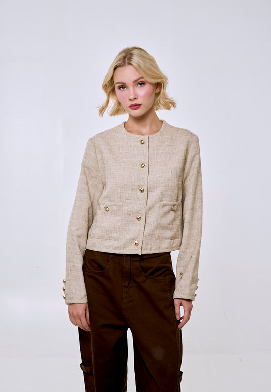Mossimo Women's Beige Classic Cropped Fit Hollie Tweed Jacket