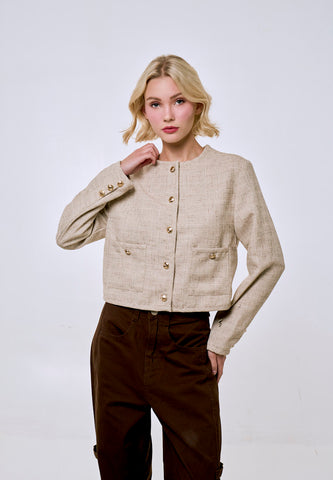 Mossimo Women's Beige Classic Cropped Fit Hollie Tweed Jacket