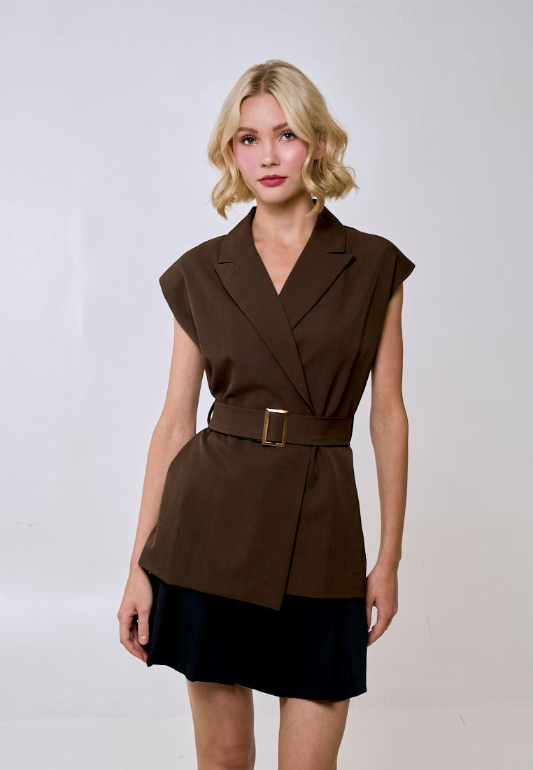 Mossimo Women's Choco Brown Sleeveless Blazer Top w/ Belt
