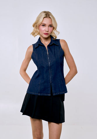 Mossimo Women's Denim Blue Sleeveless Zipper Collar Polo Top