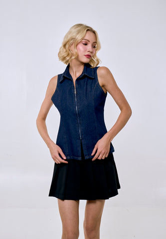 Mossimo Women's Denim Blue Sleeveless Zipper Collar Polo Top
