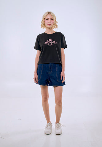 Mossimo Women's Black Embroidery Classic Cropped Fit Tee