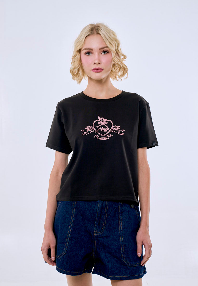Mossimo Women's Black Embroidery Classic Cropped Fit Tee