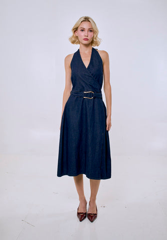 Mossimo Women's Denim Blue Sleeveless Vneck Self Tie Backless Midi Dress w/ Belt