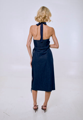 Mossimo Women's Denim Blue Sleeveless Vneck Self Tie Backless Midi Dress w/ Belt