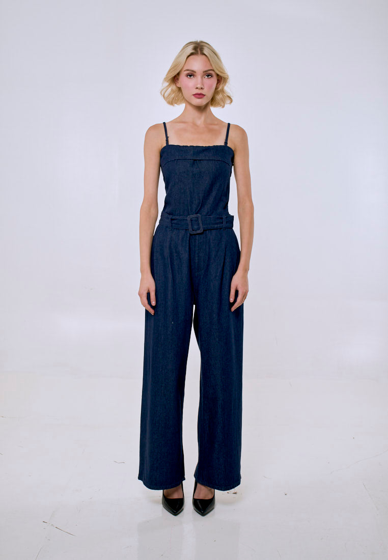 Mossimo Women's Denim Blue Sleeveless Squareneck Belted Jumpsuit