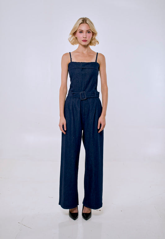 Mossimo Women's Denim Blue Sleeveless Squareneck Belted Jumpsuit