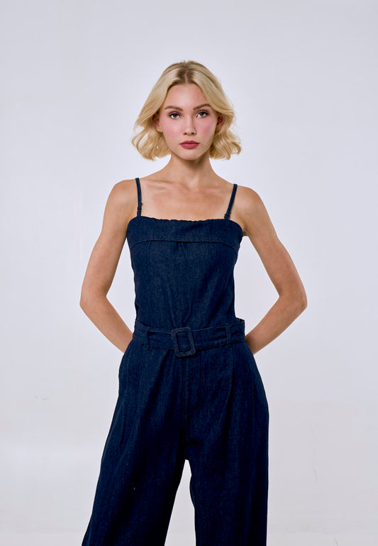 Mossimo Women's Denim Blue Sleeveless Squareneck Belted Jumpsuit
