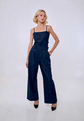 Mossimo Women's Denim Blue Sleeveless Squareneck Belted Jumpsuit
