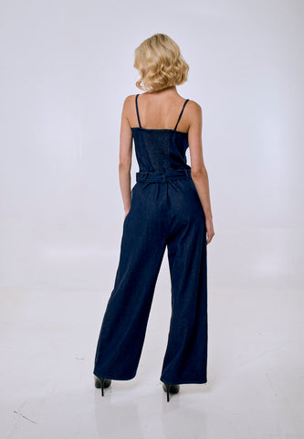 Mossimo Women's Denim Blue Sleeveless Squareneck Belted Jumpsuit