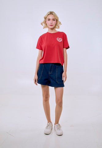 Mossimo Women's Cranberry Embroidered Logo Classic Cropped Fit Tee