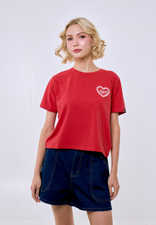 Mossimo Women's Cranberry Embroidered Logo Classic Cropped Fit Tee