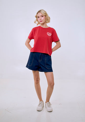 Mossimo Women's Cranberry Embroidered Logo Classic Cropped Fit Tee