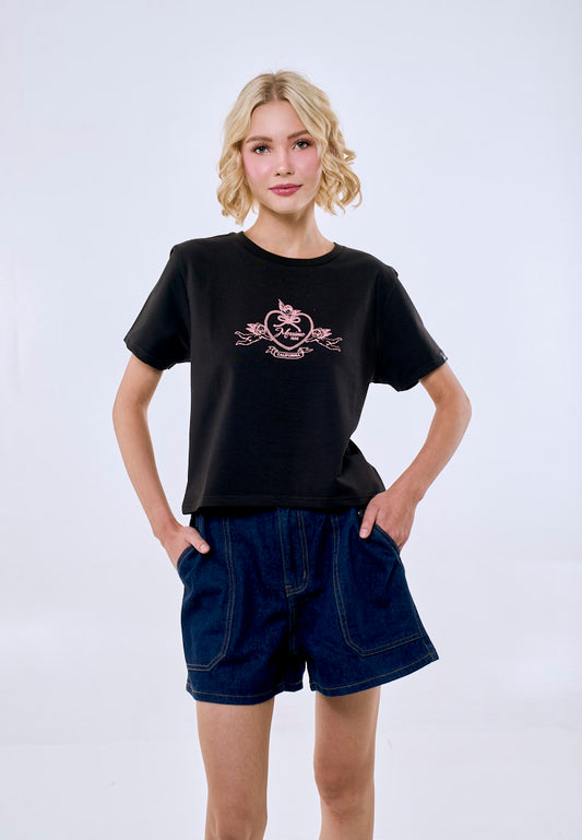 Mossimo Women's Black Embroidery Classic Cropped Fit Tee