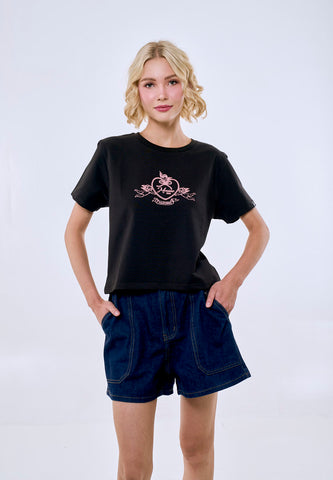 Mossimo Women's Black Embroidery Classic Cropped Fit Tee