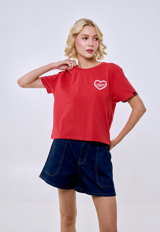 Mossimo Women's Cranberry Embroidered Logo Classic Cropped Fit Tee