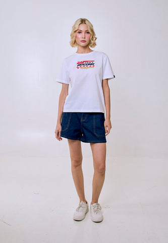 Mossimo Women's White Track 1986 Graphic Comfort Fit Tee