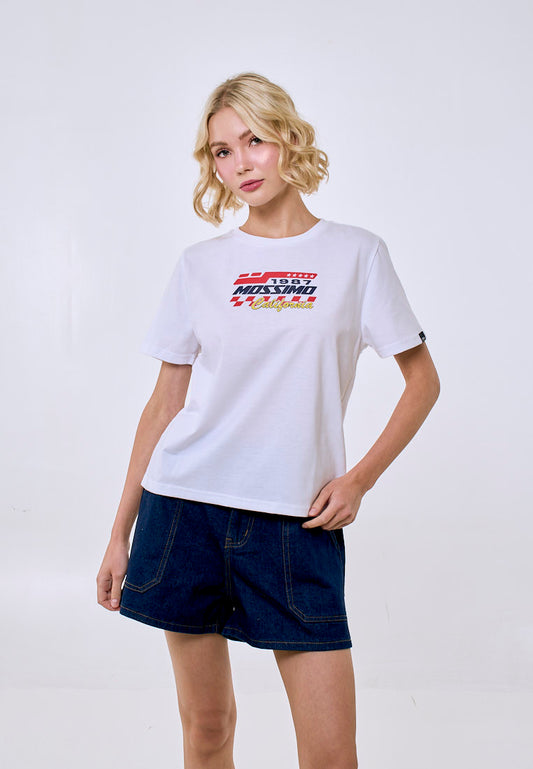 Mossimo Women's White Track 1986 Graphic Comfort Fit Tee