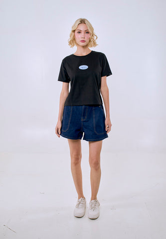 Mossimo Women's Black Felt Patch Logo Classic Cropped  Fit Tee
