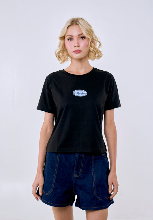 Mossimo Women's Black Felt Patch Logo Classic Cropped  Fit Tee