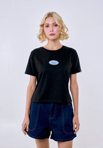 Mossimo Women's Black Felt Patch Logo Classic Cropped  Fit Tee